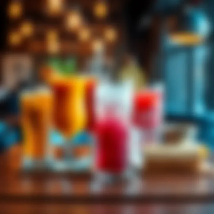 A variety of drinks including a cocktail, smoothie, and soda on a wooden table