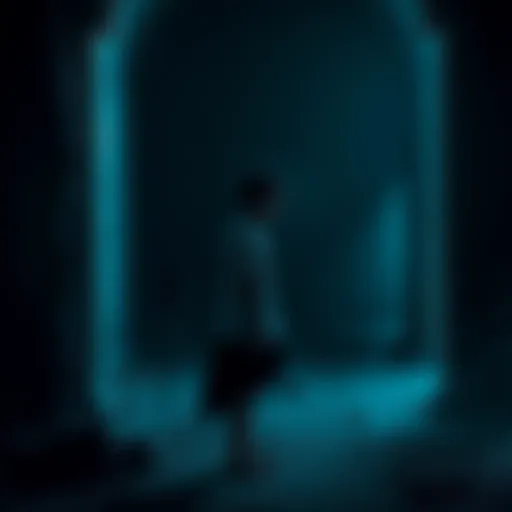 Asta stands alone in a shadowy environment, looking contemplative about his father's past.