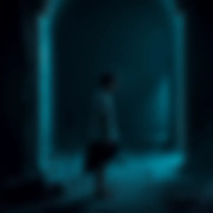 Asta stands alone in a shadowy environment, looking contemplative about his father's past.