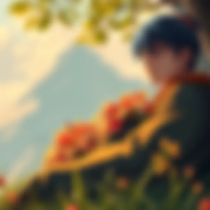 Asta sitting alone, looking thoughtful with a distant gaze, surrounded by nature, symbolizing complex feelings and emotional control.
