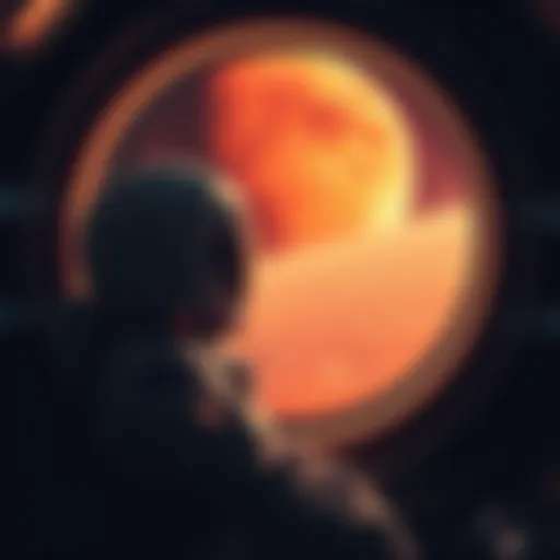 An astronaut in a spacesuit looking longingly at the red planet Mars from a spacecraft window, symbolizing dreams of exploration and feelings of isolation.