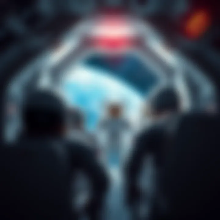 A group of astronauts floating in a spacecraft, deep in thought about their mission and the future of science, with Earth visible through the window.