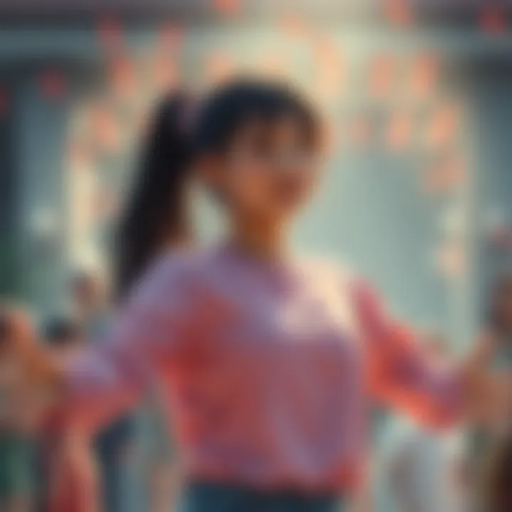 Asuka standing with open arms, surrounded by diverse people, symbolizing love and unity