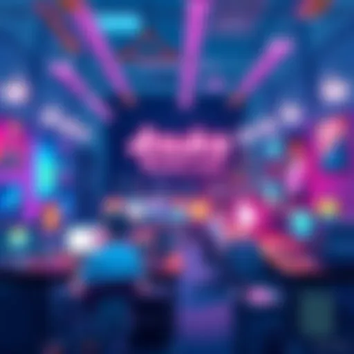 A vibrant animation studio with artists creating colorful characters and scenes, showcasing teamwork and creativity.