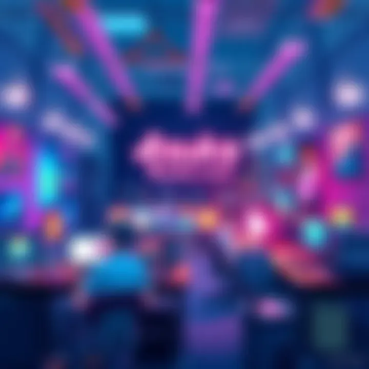 A vibrant animation studio with artists creating colorful characters and scenes, showcasing teamwork and creativity.