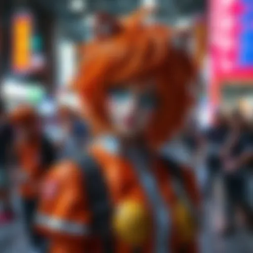A person dressed as Asuka, wearing a vibrant ginger wig and a colorful outfit, showcasing the unique cosplay style.