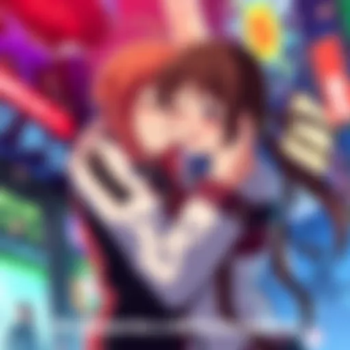 Asuka gives Kaji a friendly hug, both smiling and sharing a light moment, surrounded by colorful background elements from the anime.