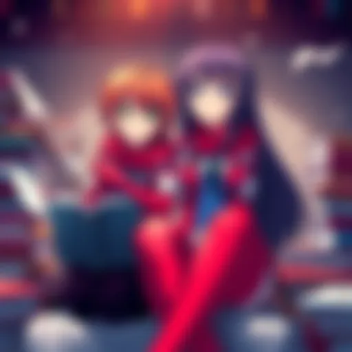 Asuka and Misato from End of Evangelion surrounded by fan fiction books with a hopeful atmosphere