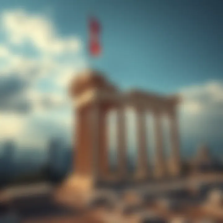 A modern city skyline with ancient Greek columns in the foreground, symbolizing the blend of history and current political discourse.