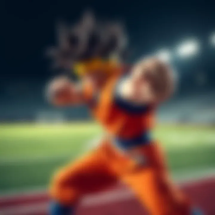 An athlete striking a powerful Super Saiyan pose on a sports field, emphasizing strength and determination while wearing protective gear