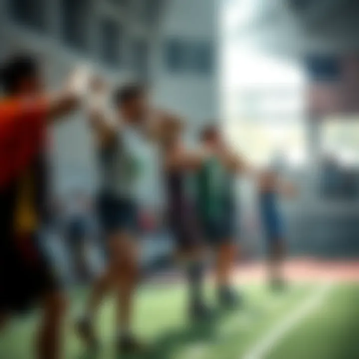 Group of athletes in various throwing poses during a competition, showcasing their skills and focus