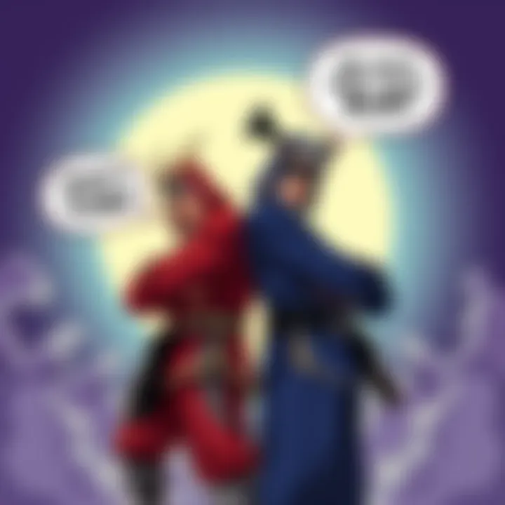 Atomic Samurai and Yuta stand back-to-back with playful expressions, debating who is more inept, surrounded by speech bubbles and playful graphics.