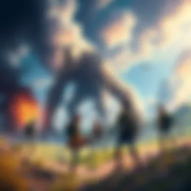 A scene from Attack on Titan showing characters fighting giant Titans in a dramatic landscape