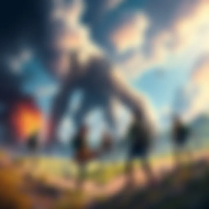A scene from Attack on Titan showing characters fighting giant Titans in a dramatic landscape