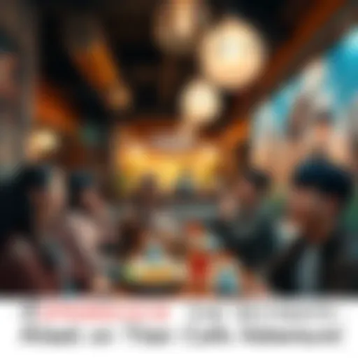 Attack on Titan Cafe Experience People enjoying food and drinks in a themed Attack on Titan cafe, dressed in cosplay costumes