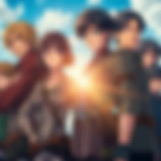 Main characters from Attack on Titan standing together, showing contrasting expressions of determination and doubt.