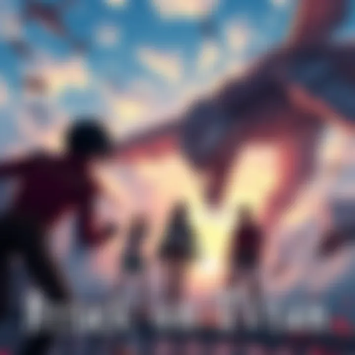 Main characters from Attack on Titan facing Titans in a cityscape with dramatic skies