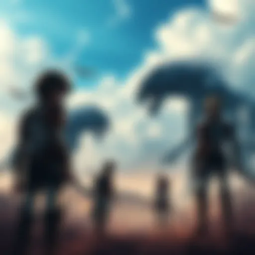 A dramatic scene from Attack on Titan showing characters facing titans in a battle