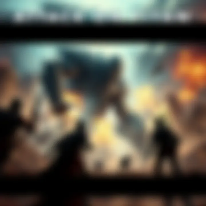 A dramatic battle scene from Attack on Titan featuring giant Titans and human soldiers fighting together.