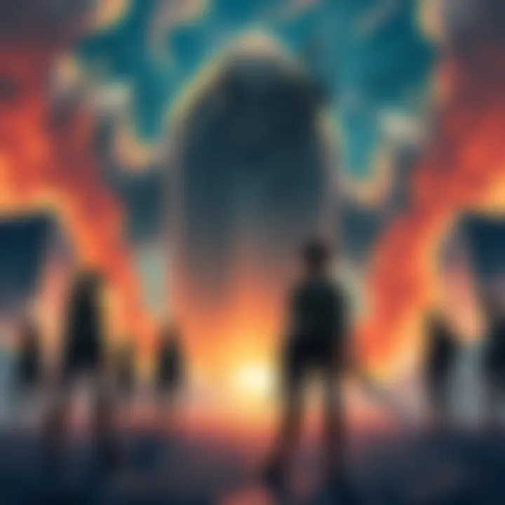 A group of characters from Attack on Titan preparing for battle against large Titans in a city setting.