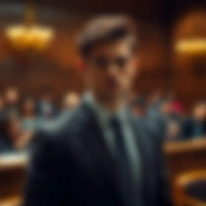 A well-dressed man with striking features stands in a courtroom, capturing the attention of jurors and spectators, amidst serious legal proceedings.