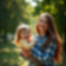 Attractive Mother with Child A smiling mother with long hair holding her child in a park, radiating warmth and charm.