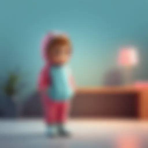 August stands with a frown, holding a colorful onesie uniform, feeling sad about Guita's only outfit choice, with a backdrop suggesting a thoughtful moment.