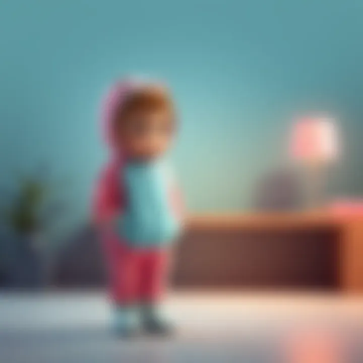 August stands with a frown, holding a colorful onesie uniform, feeling sad about Guita's only outfit choice, with a backdrop suggesting a thoughtful moment.