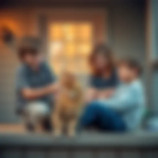 A woman sits on a porch with two boys, laughing as they play with a persistent stray cat that keeps returning to them.
