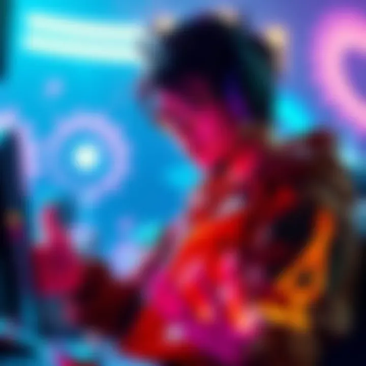 A competitive gamer showcases aura farming techniques with glowing effects and vibrant game graphics.