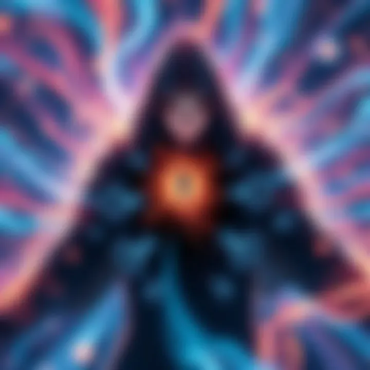 Aura transformation to gravitational force A visual representation of a transmutation-type nen user changing their aura into gravitational energy, showcasing swirling energy patterns and gravitational effects around them.