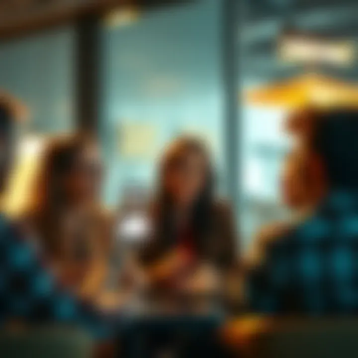 A group of people engaging in a lively discussion, with one holding a phone showing a social media post.