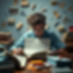 An author staring at a blank page, looking puzzled and frustrated, with scattered notes and books around them, symbolizing loss of narrative clarity.