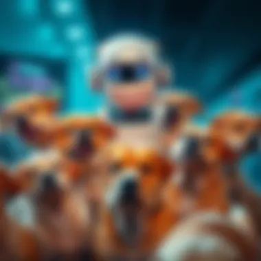 A robotic figure with a friendly expression is surrounded by several plump dogs, suggesting a plan to increase their weight.