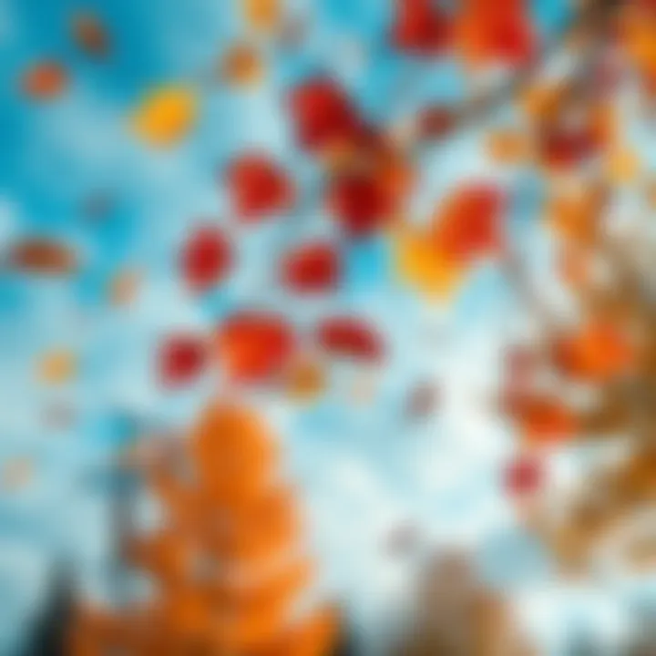 Colorful autumn leaves falling from trees with a cloudy sky in the background.