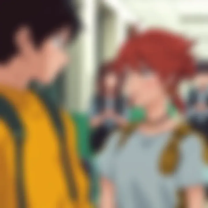 Pyrrha looks surprised while talking to Jaune, who appears nervous. They are in a school setting with other students in the background.