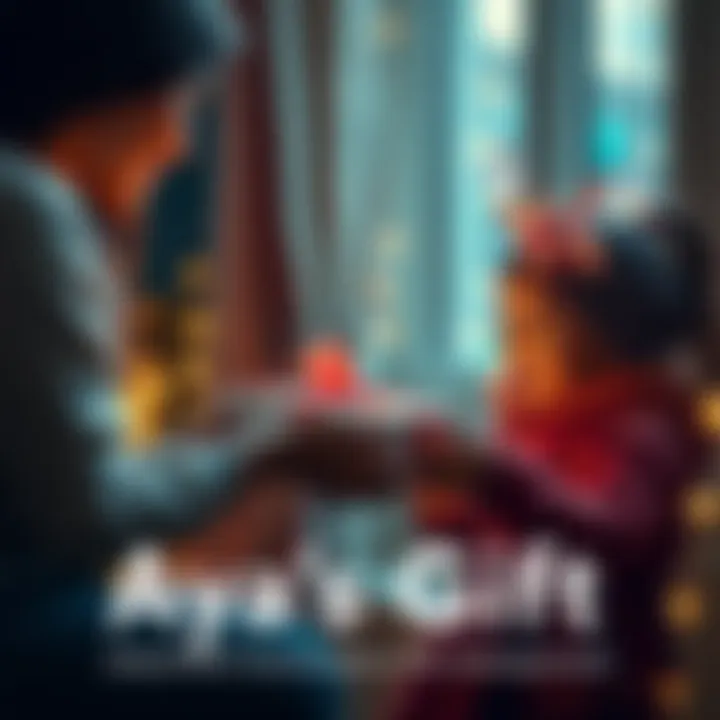 A woman hands a beautifully wrapped gift to a smiling child, showcasing joy and connection.