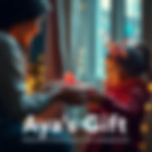 A heartwarming gift exchange A woman hands a beautifully wrapped gift to a smiling child, showcasing joy and connection.