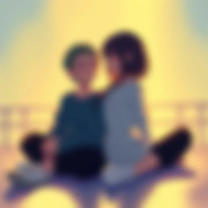 Ayame and Kyo sitting together, looking at each other with soft expressions, symbolizing resolution and affection