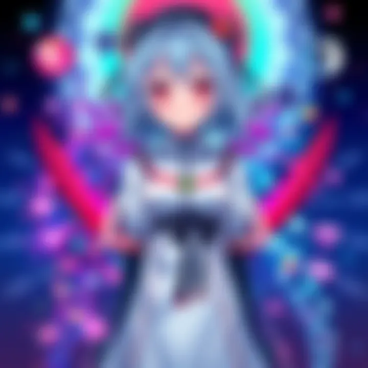 Ayanami Rei standing confidently in her iconic outfit, with striking blue hair and red eyes, surrounded by elements representing her character's themes.