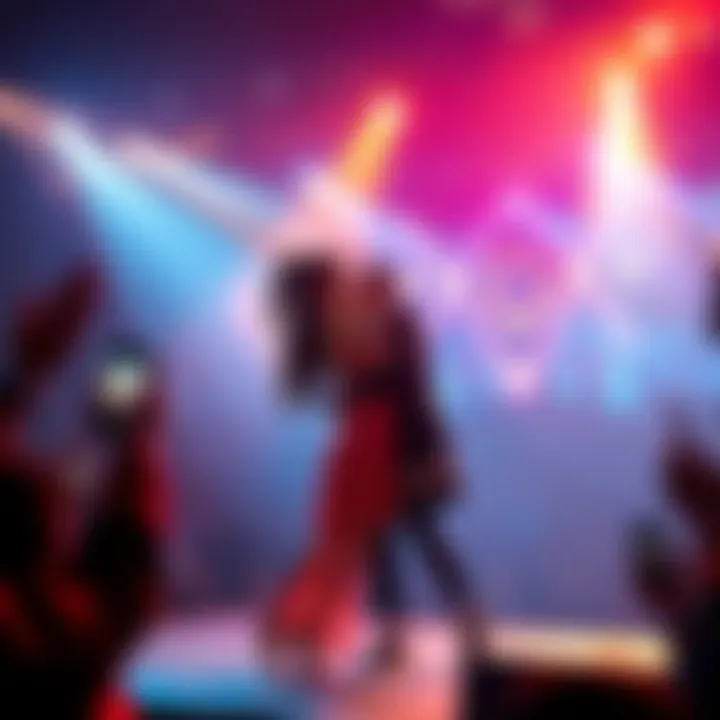 Ayunda and Risu singing a duet on stage with bright lights and a cheering crowd