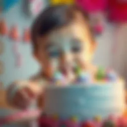 Baby craves cake A baby with a joyful expression reaching for a cake with colorful frosting, surrounded by party decorations