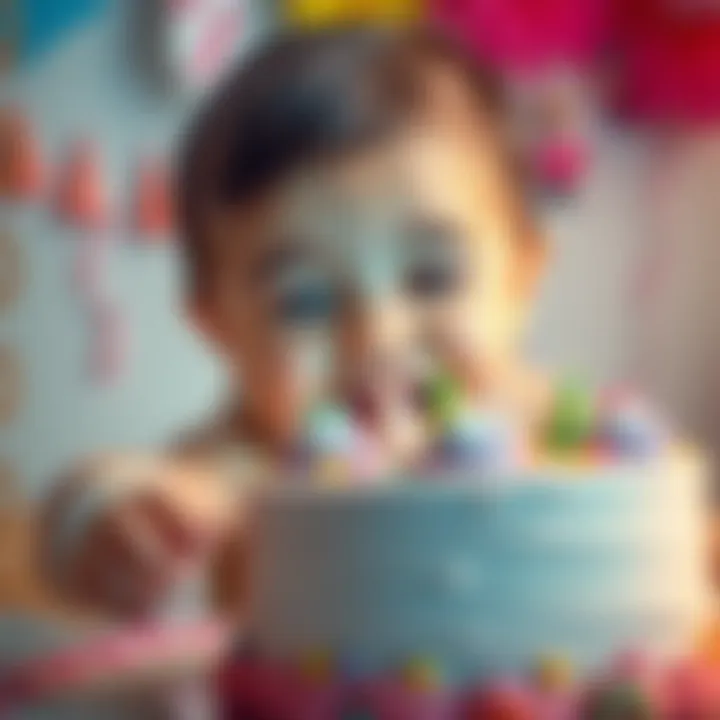 Baby craves cake A baby with a joyful expression reaching for a cake with colorful frosting, surrounded by party decorations