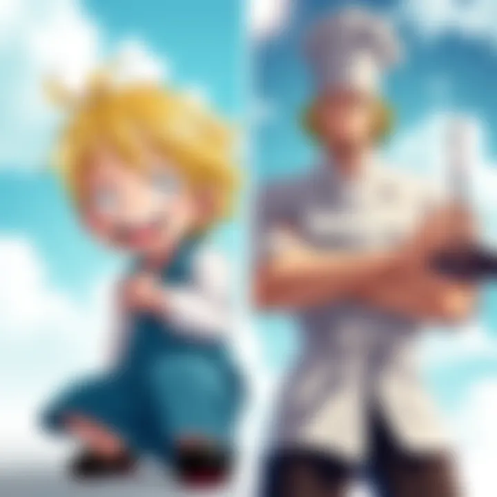 A side-by-side image showing Baby Sanji as a child with a playful expression and Adult Sanji as a skilled chef in a dynamic pose, illustrating his growth over the years.