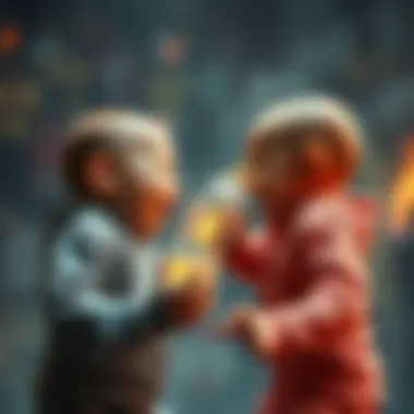 Two opponents in a playful showdown, battling over the last baby bottle in a chaotic setting.