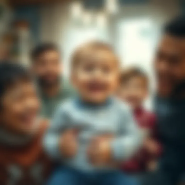 A joyful baby brother being held by his siblings, smiling and surrounded by family members in a warm home setting.