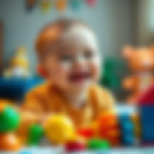 Baby smiling during playtime A joyful baby laughing while playing with colorful toys