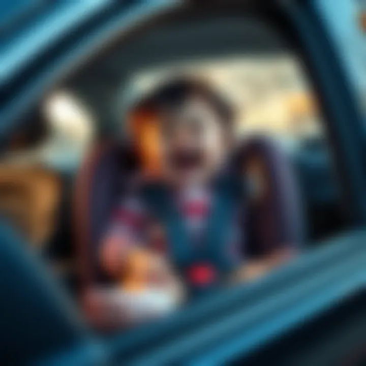A toddler throwing a tantrum in a car while refusing to sit in a child seat.