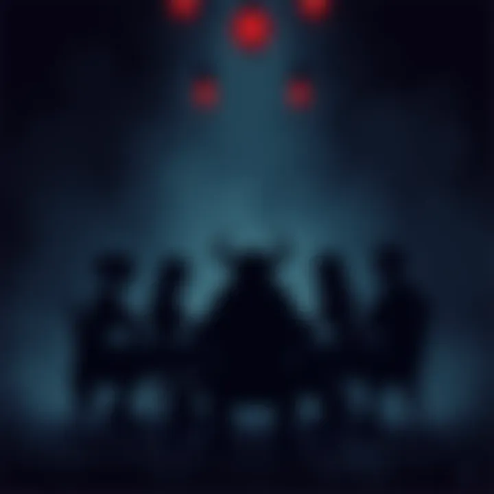 Silhouettes of Lily, Joyboy, and Nidhogg plotting against Imu in a dark room