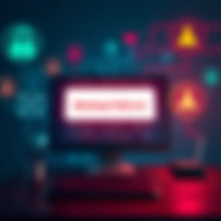 A computer with an error message on the screen indicating a backup failure, surrounded by icons representing technology and human error.